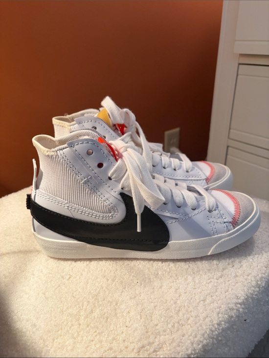 Nike Shoes - Nike Blazer Jumbo White High-Top Sneakers with Black Swoosh and Orange Accent